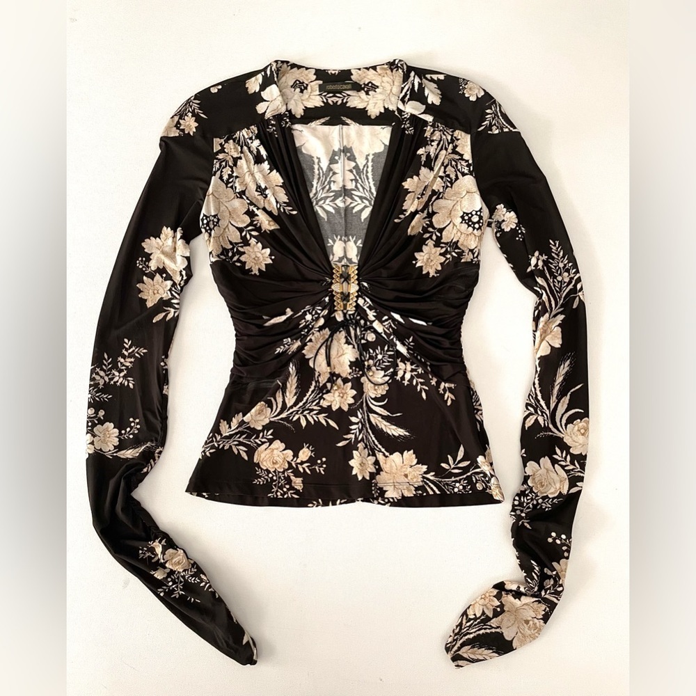 Roberto Cavalli 42 black Floral Jeweled Lace Up Long Sleeve Ruched Top Mob Y2K